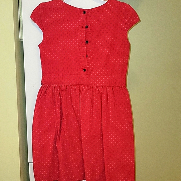 Embroidered Red Polka Dot Mini Dress Cap Sleeve Waist Tie Buttons XS Small - Picture 4 of 6